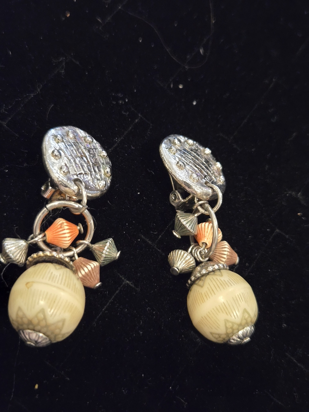 Vintage-Clip On Bead Drop Earrings with Mixed Metal Accents